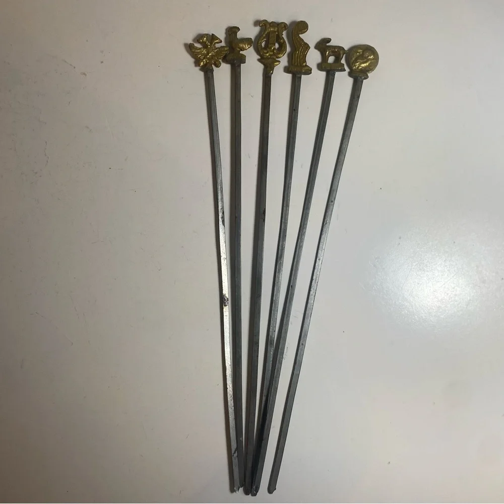 Set Of 6 Vintage Turkish Brass & Stainless Kebab Skewers Ornate Handles 14.5”